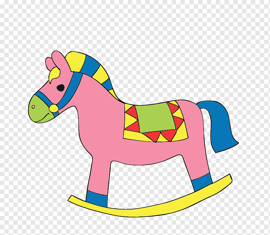 Colorful cartoon-style pink rocking horse with geometric-patterned saddle and blue-yellow mane on transparent background.