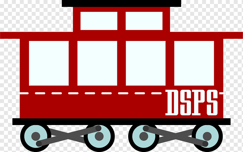 Red caboose train car with "DSPS" lettering and four wheels on a transparent background.