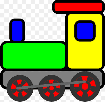 Colorful cartoon train with green body, yellow cab, blue windows, red roof, and black wheels with red spokes.