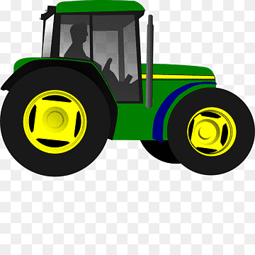 Green and yellow farm tractor with large black tires and driver silhouette in cab.