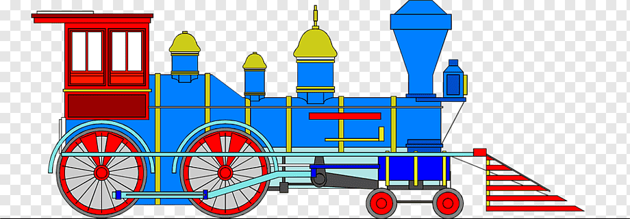 Colorful cartoon-style blue steam locomotive with red wheels, yellow trim, and a red caboose.