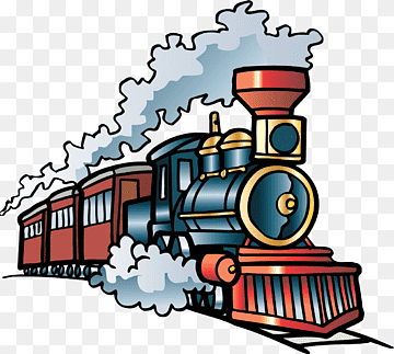 Colorful cartoon steam locomotive pulling red passenger cars with billowing smoke and steam.