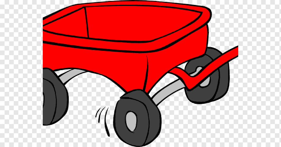Red cartoon-style toy wagon with black wheels and a handle, shown in motion on a transparent background.