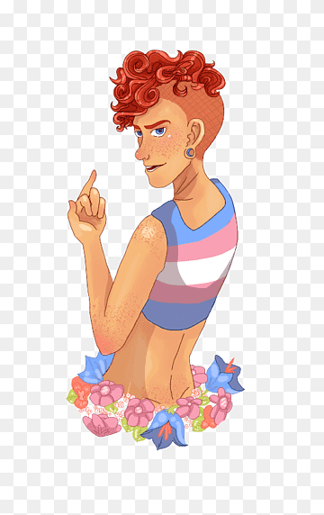 A nonbinary person with red curly hair and trans pride flag tank top, surrounded by colorful flowers, pointing upward thoughtfully.