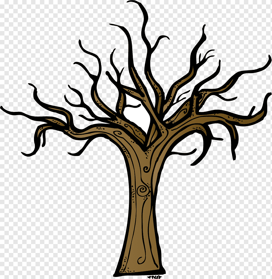 Bare, twisted tree with gnarled branches and decorative swirls on trunk, cartoon-style illustration on transparent background.