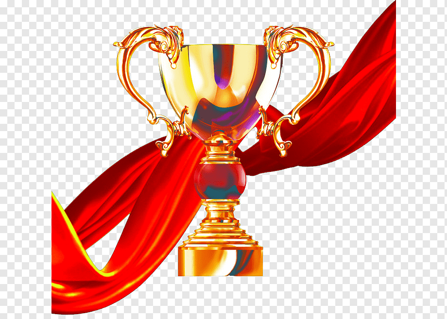 Golden trophy cup with ornate handles and flowing red ribbon on transparent background.