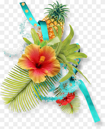 Tropical floral arrangement with pineapple, hibiscus, palm leaves, and turquoise ribbon on transparent background.