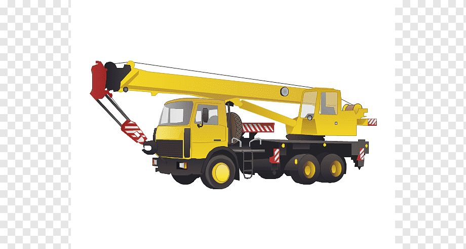 Yellow mobile crane truck with extended boom and red hook, illustrated on transparent background.