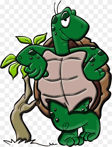 A cartoon green turtle holding a small sapling, standing proudly with one hand on hip and a confident expression.