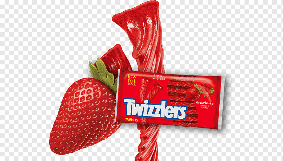 Strawberry Twizzlers candy package with fresh strawberry and twisted red licorice strands on transparent background.