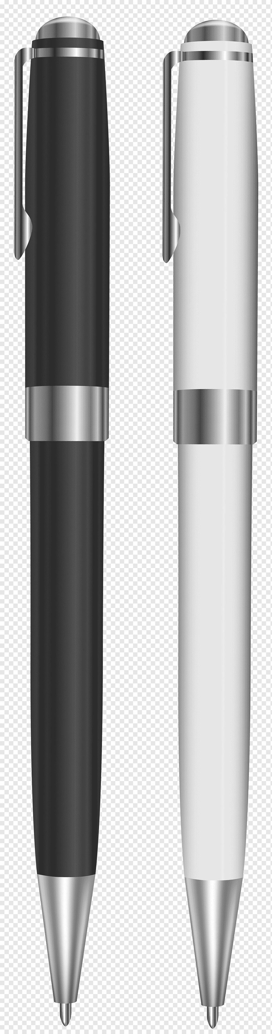 Black and white sleek ballpoint pens with silver accents on transparent background