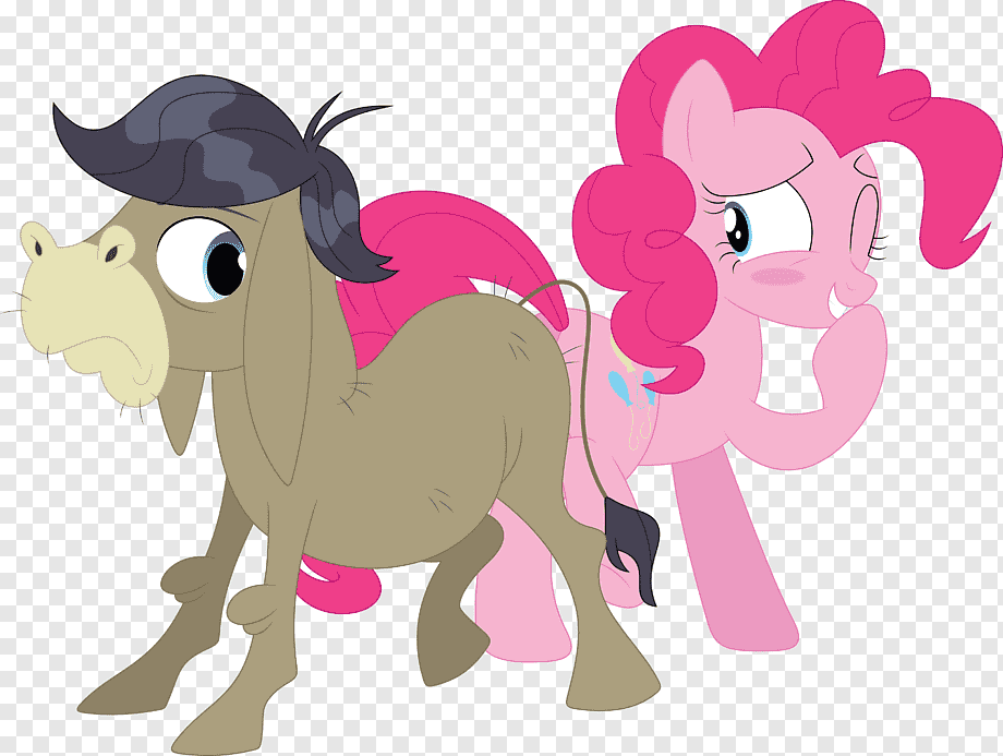Pinkie Pie playfully interacting with a donkey character wearing a black wig, both in cartoon style on transparent background.
