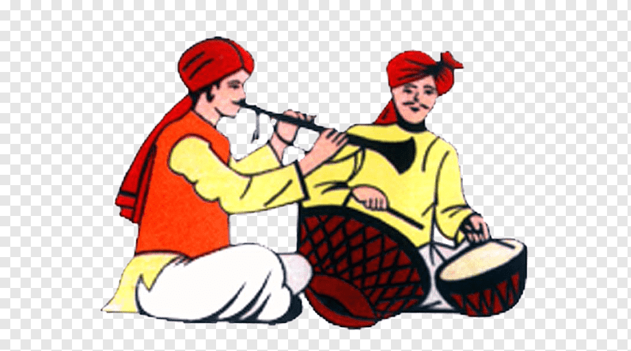 Two musicians in traditional Indian attire playing flute and dholak drums, seated cross-legged.
