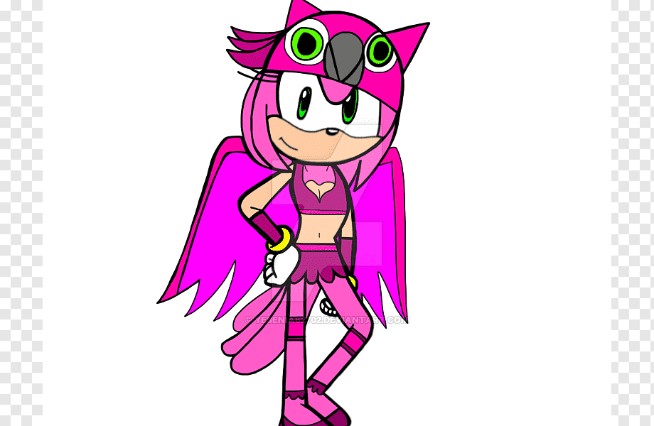 Pink anthropomorphic owl character with green eyes, winged cape, and stylized outfit posing confidently.