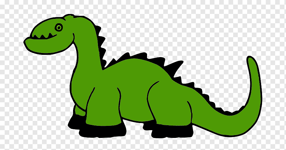 Green cartoon dinosaur with spikes, smiling face, and black feet on transparent background.