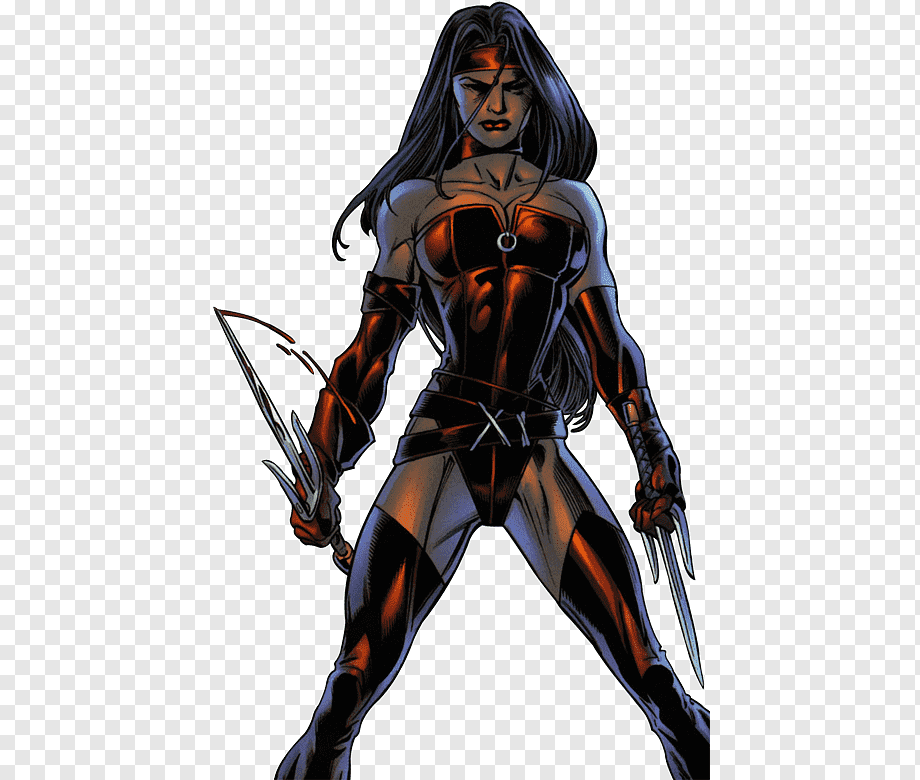 X-23 in her classic black and red tactical suit, wielding dual adamantium claws, poised for combat.