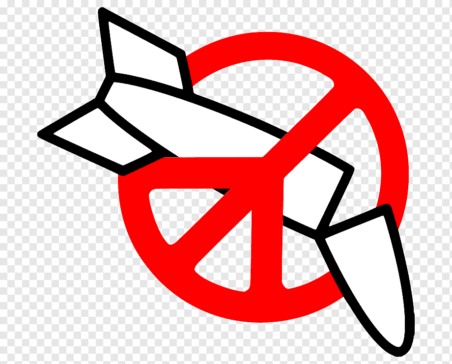 White missile icon overlaid with a red prohibition symbol, indicating anti-missile or disarmament messaging.