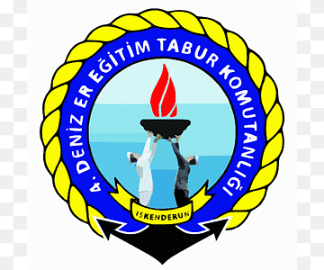 Logo of A. Deniz Er Eğitim Tabur Komutanlığı, featuring a torch held by two hands over sea, encircled by yellow rope and blue banner.