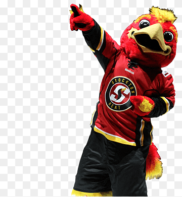 Red rooster mascot in red and black jersey pointing upward with one hand, wearing team logo on chest.