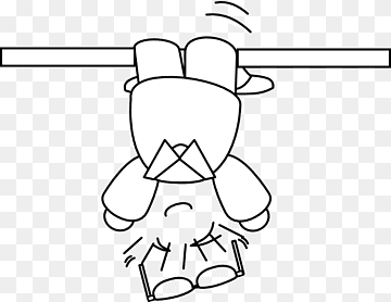 A cartoon character hanging upside down from a horizontal bar, looking distressed with shaking lines and dropped glasses.