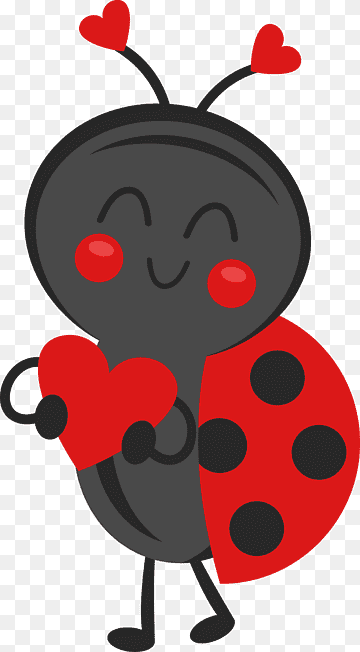 Cute cartoon ladybug holding a red heart, with heart-tipped antennae and smiling face.