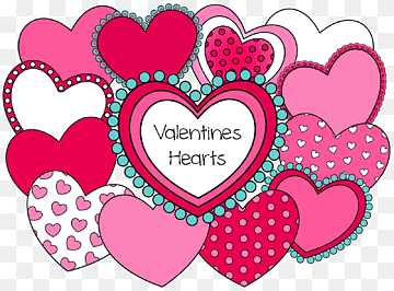 Colorful Valentine’s Day hearts collage with “Valentines Hearts” text in center, pink and red tones, decorative borders and patterns.