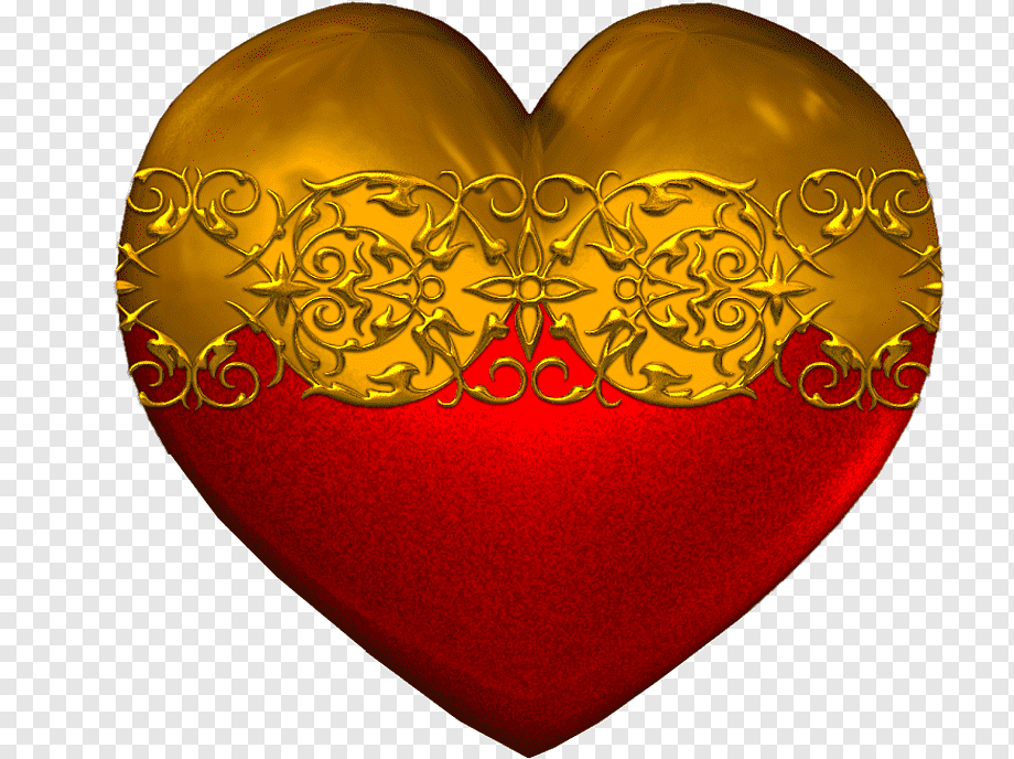 Golden ornate heart with red lower half and intricate filigree band, symbolizing luxury and love.