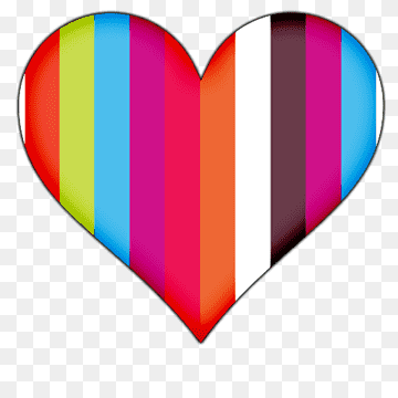 A vibrant heart shape filled with vertical rainbow-colored stripes on a transparent background.