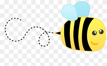 Smiling cartoon bee with black-and-yellow stripes, blue wings, and a dotted flight path trail.