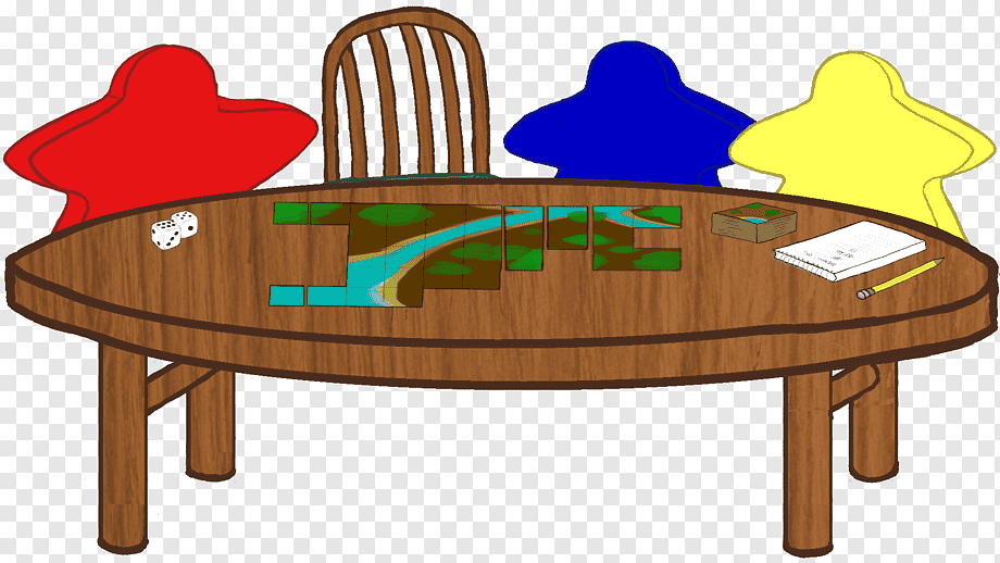 Wooden table with board game, dice, notebook, pencil, and colorful star-shaped chairs around it.