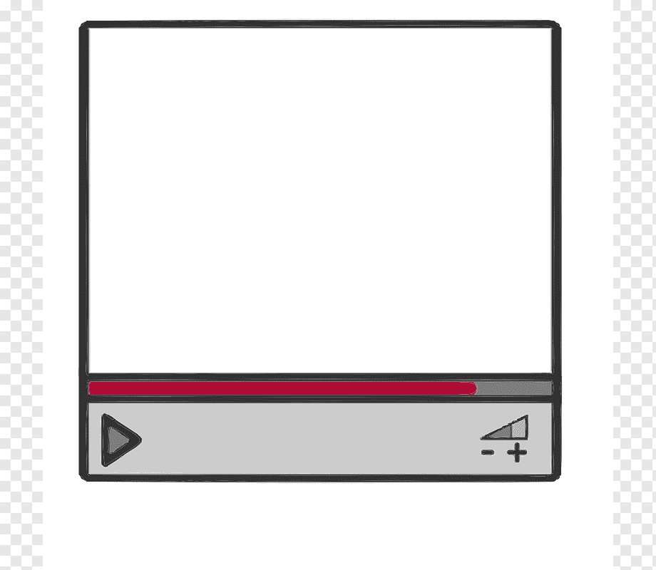 Hand-drawn media player interface with play button, volume control, and red progress bar.