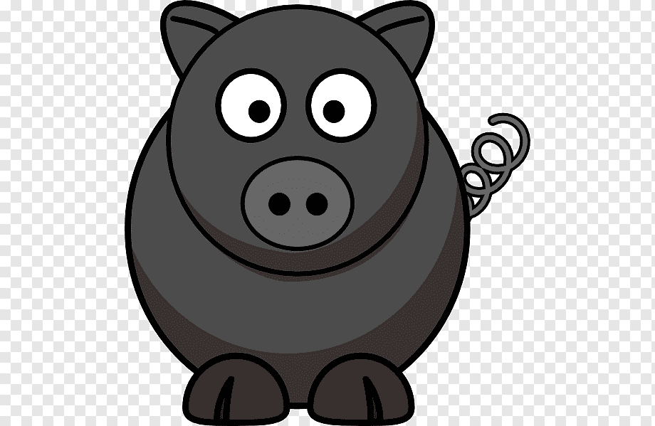 Cartoon black pig with large eyes, curly tail, and round body on transparent background.