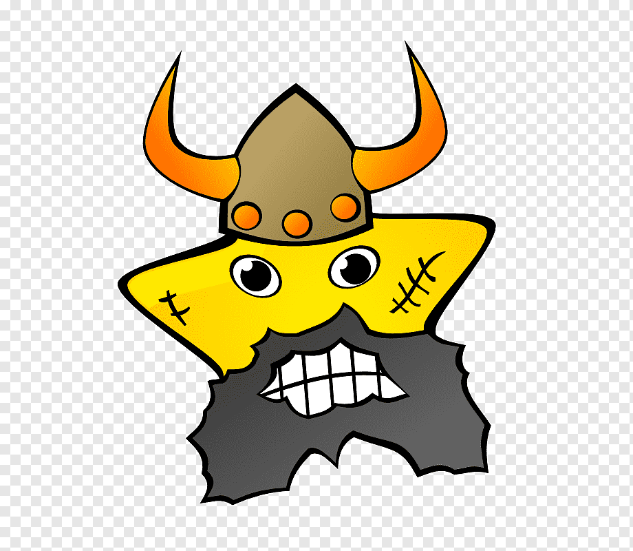 Cartoon yellow star-shaped Viking with horned helmet, stitched face, and bushy gray beard.