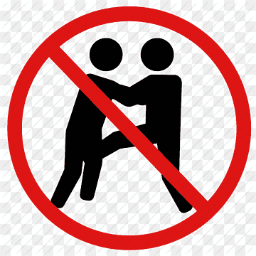Prohibition sign showing two figures fighting, crossed out by a red circle and diagonal line.