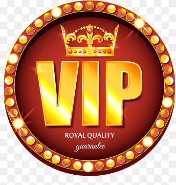 Golden VIP badge with crown, red background, and sparkling border labeled "Royal Quality Guarantee"