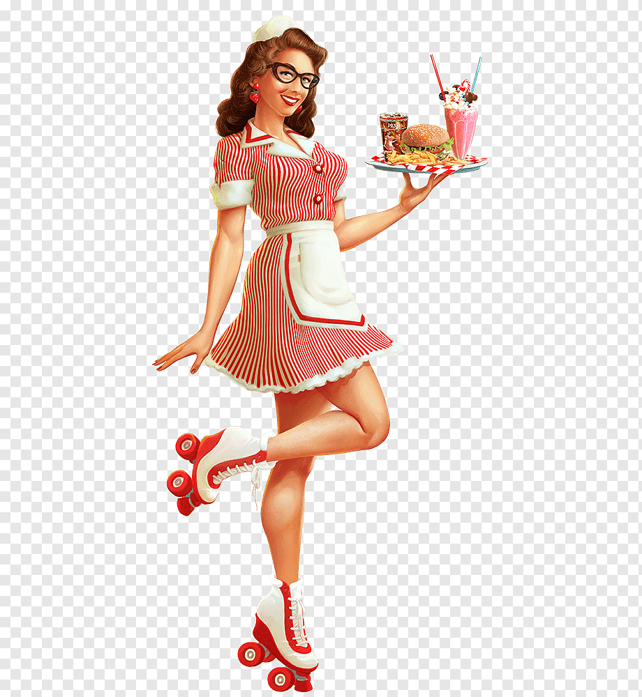 Vintage Diner Waitress Illustration - Roller Skating Pin-Up Art