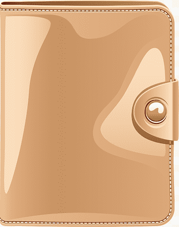 Beige leather wallet with snap button closure and stitched edges, glossy finish.