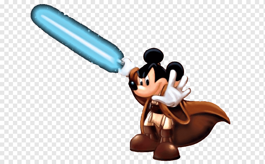 Mickey Mouse as a Jedi wielding a blue lightsaber, wearing a brown robe and boots, in a dynamic pose.
