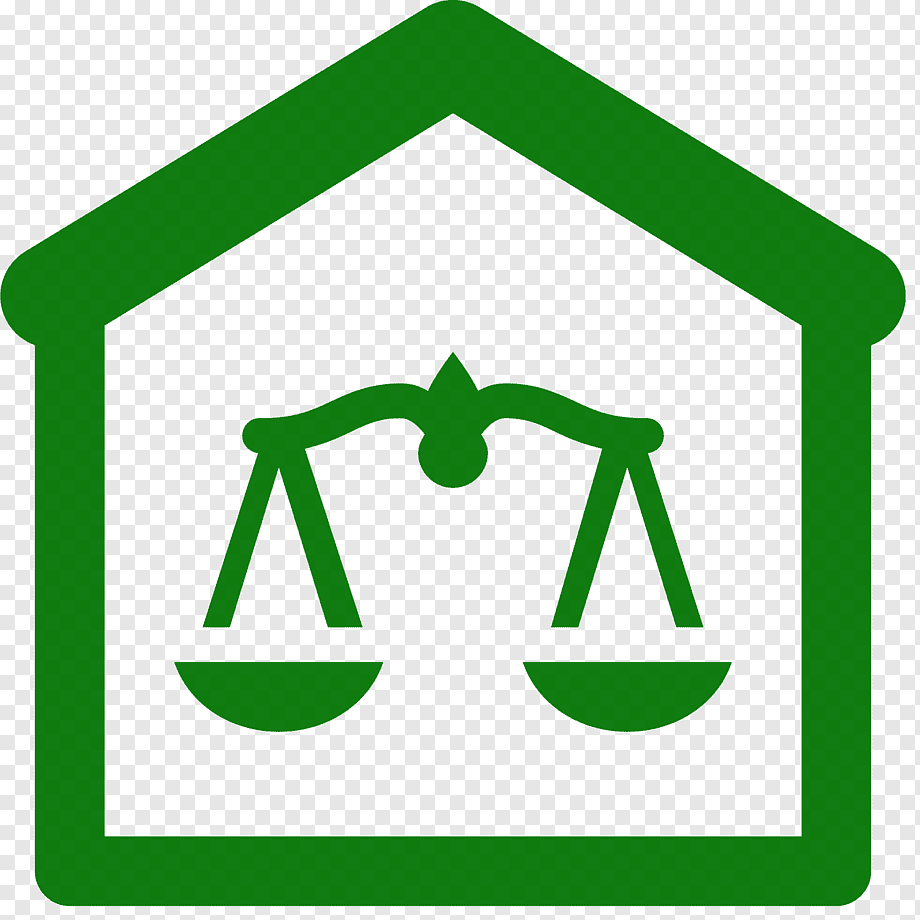 Green house icon with balanced scales inside, symbolizing legal protection for homes or property rights.