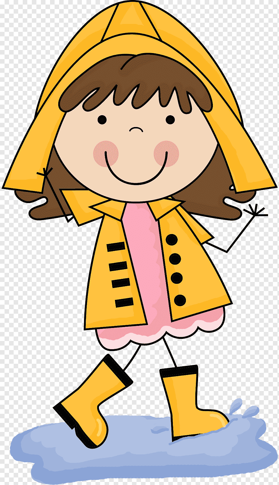 Happy cartoon girl in yellow raincoat and boots jumping in a puddle.