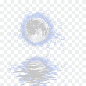 Full moon with soft blue aura reflected in rippling water on transparent background
