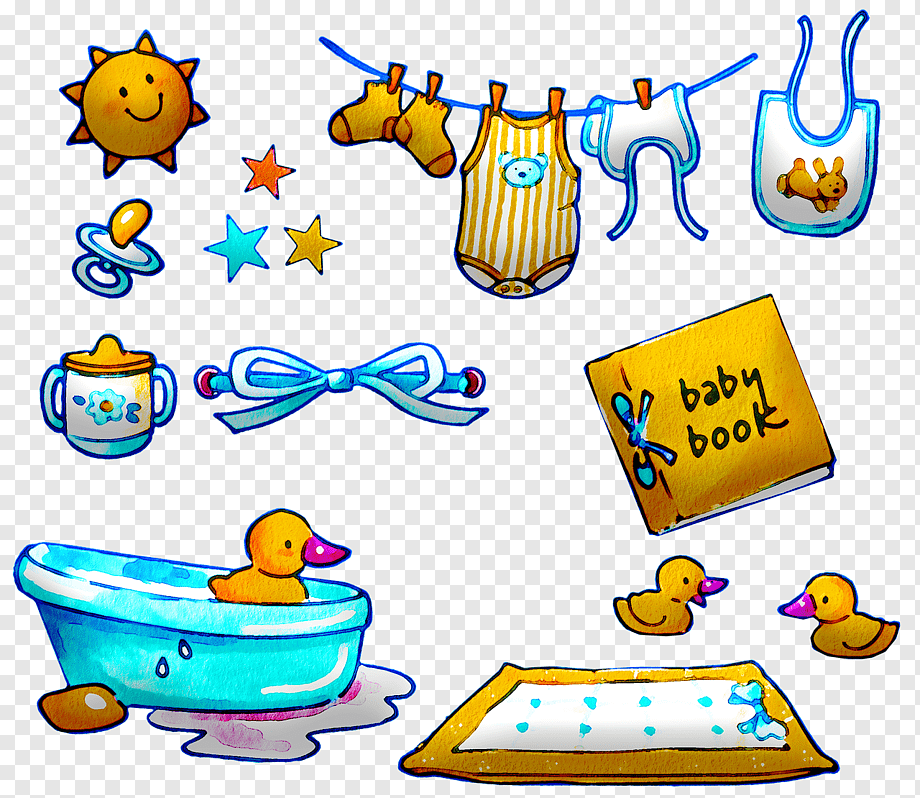 Colorful baby-themed clipart set including sun, pacifier, onesie, bib, bath duck, book, and stars on transparent background.