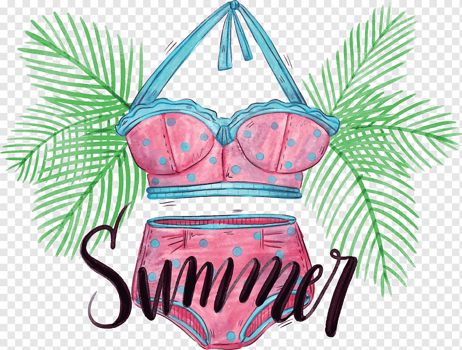 Pink polka-dot bikini with blue trim, hanging between palm fronds, overlaid with "Summer" script.