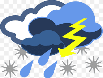 Storm cloud with lightning, raindrops, and snowflakes indicating mixed severe weather.