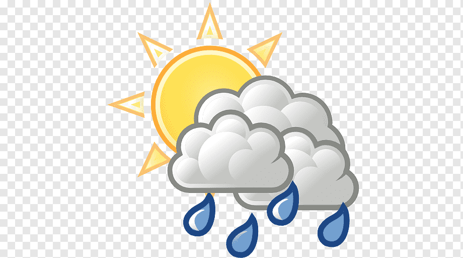 Sun partially hidden behind rain clouds with falling blue raindrops, indicating partly sunny with showers.