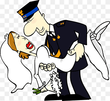 Police officer in uniform joyfully carrying a smiling bride in white gown and veil, holding bouquet.