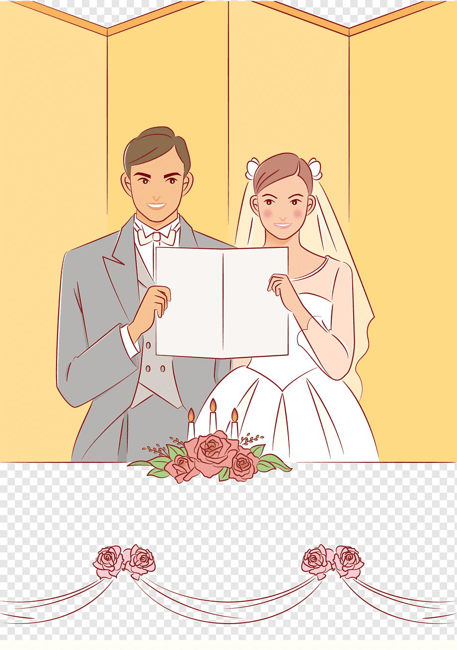 Smiling bride and groom holding a marriage certificate in front of a yellow backdrop with floral decorations.