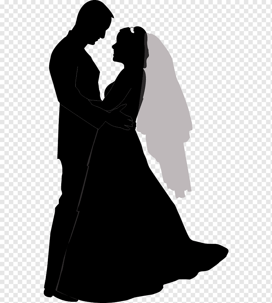 Silhouette of a bride and groom embracing, bride wearing veil, romantic wedding pose.