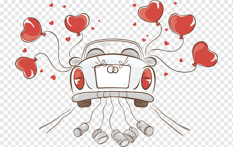 White vintage car decorated with red heart-shaped balloons and wedding rings for a romantic celebration.