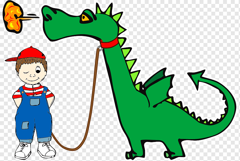 A smiling boy in overalls and a red cap holds a leash attached to a friendly green dragon that’s breathing fire.